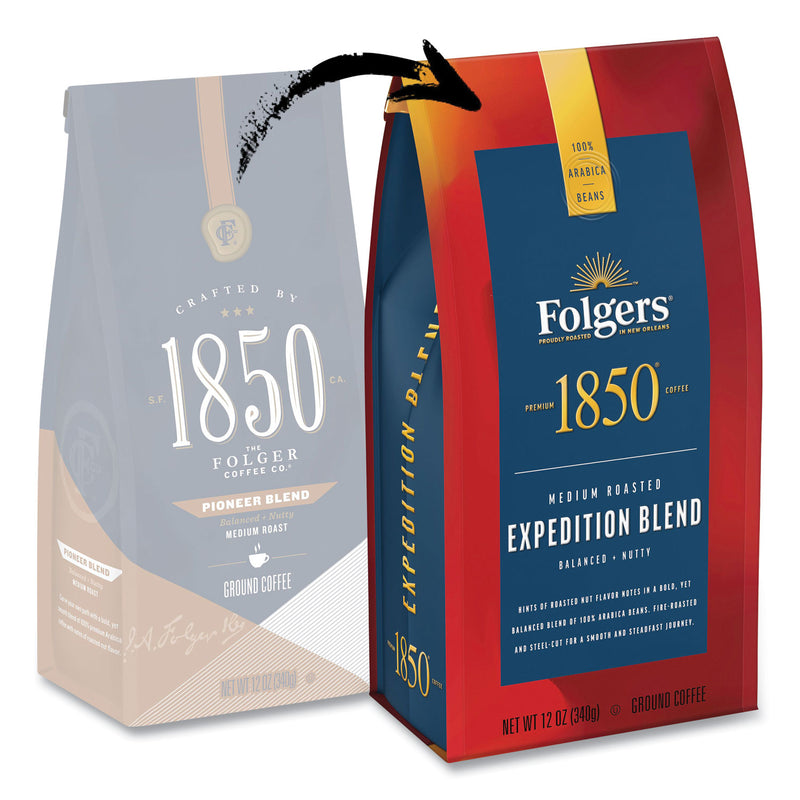 1850 Coffee, Expedition Blend (formerly Pioneer Blend), Medium Roast, Ground, 12 oz Bag, 6/Carton