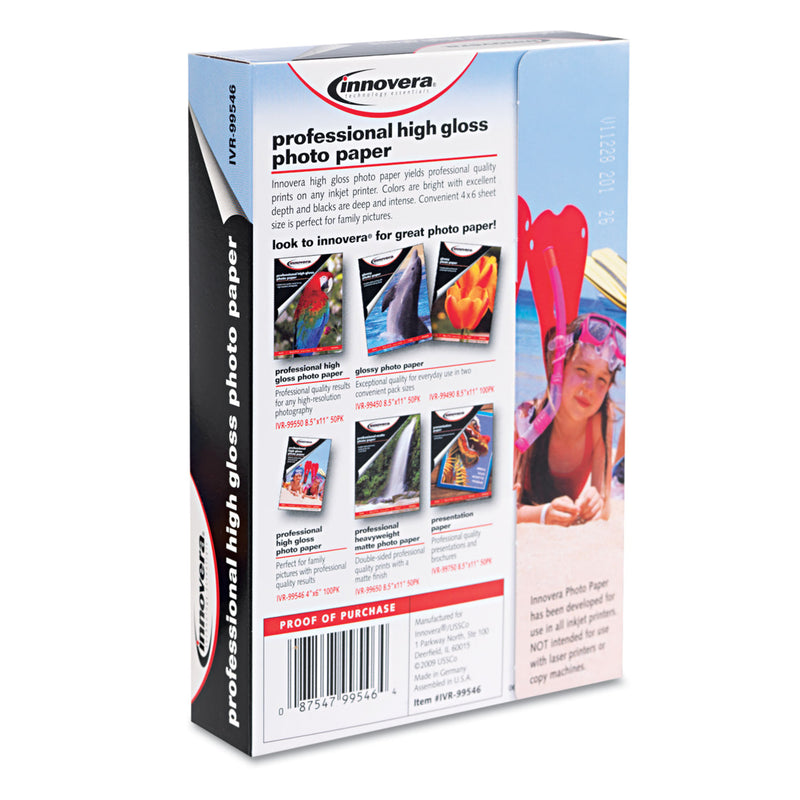 Innovera High-Gloss Photo Paper, 10 mil, 4 x 6, High-Gloss White, 100/Pack