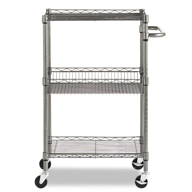 Alera Three-Tier Wire Cart with Basket, Metal, 2 Shelves, 1 Bin, 500 lb Capacity, 28" x 16" x 39", Black Anthracite