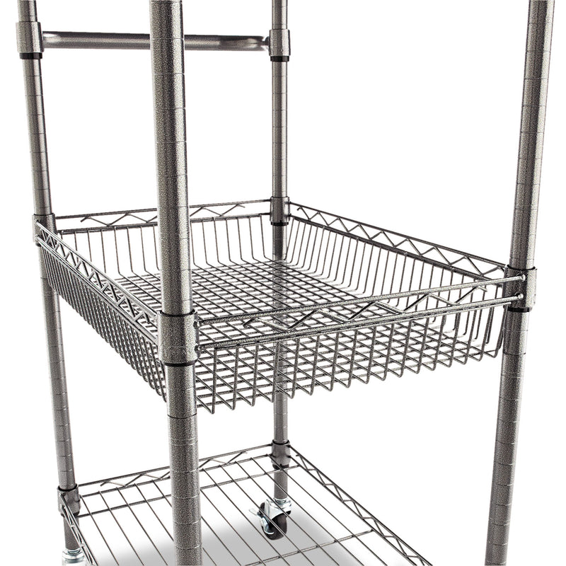 Alera Three-Tier Wire Cart with Basket, Metal, 2 Shelves, 1 Bin, 500 lb Capacity, 28" x 16" x 39", Black Anthracite