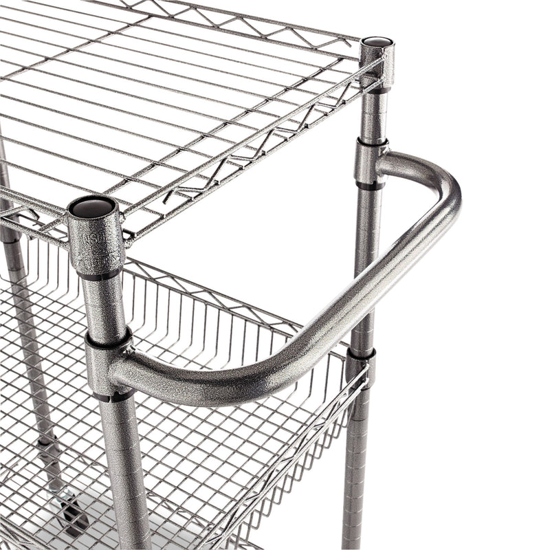 Alera Three-Tier Wire Cart with Basket, Metal, 2 Shelves, 1 Bin, 500 lb Capacity, 28" x 16" x 39", Black Anthracite