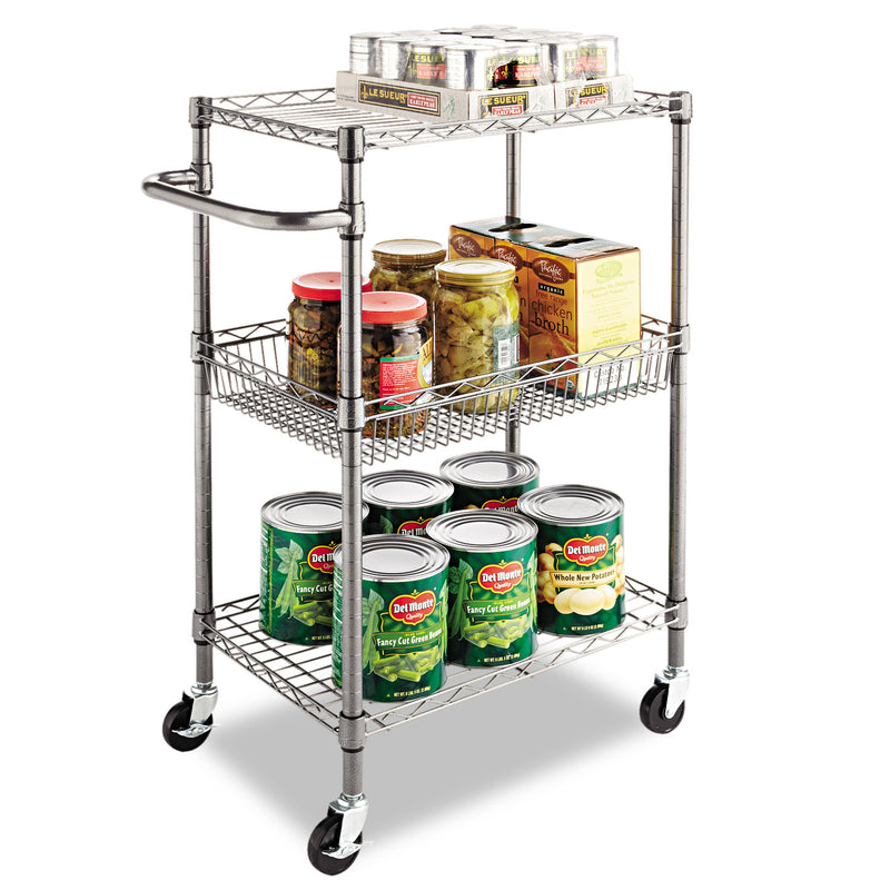 Alera Three-Tier Wire Cart with Basket, Metal, 2 Shelves, 1 Bin, 500 lb Capacity, 28" x 16" x 39", Black Anthracite