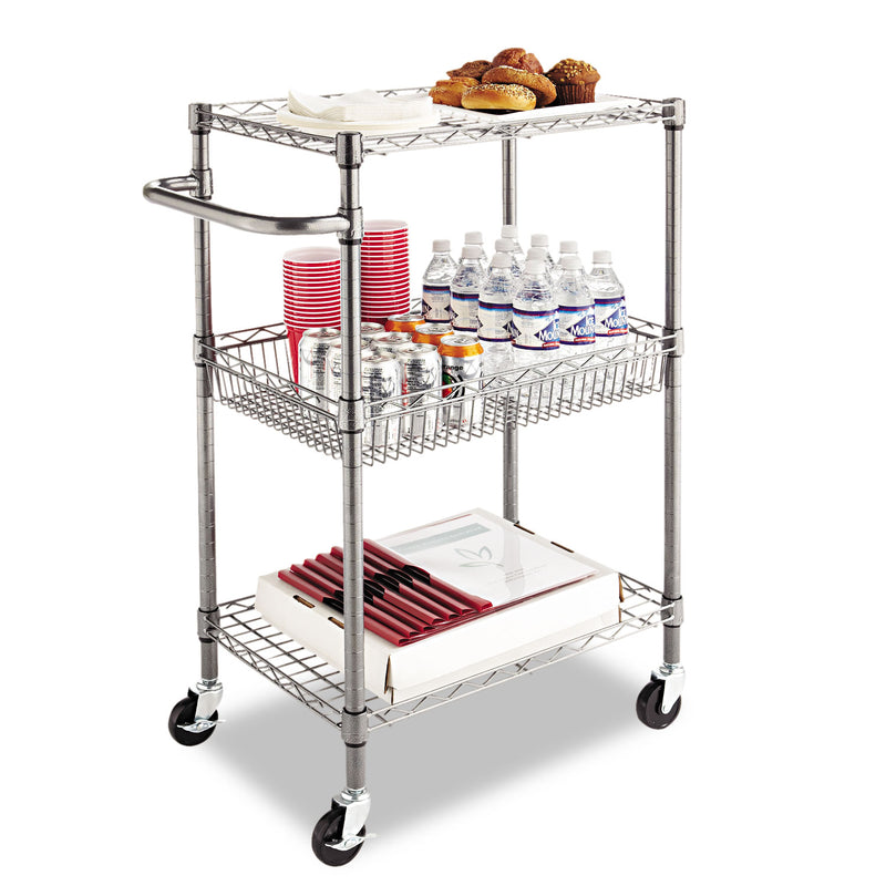 Alera Three-Tier Wire Cart with Basket, Metal, 2 Shelves, 1 Bin, 500 lb Capacity, 28" x 16" x 39", Black Anthracite