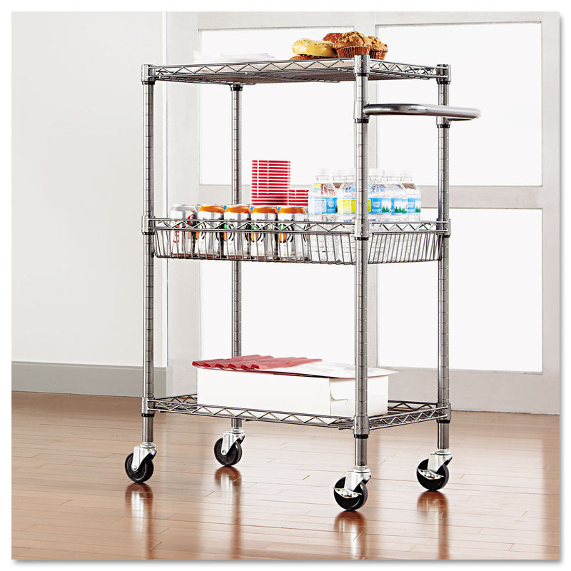 Alera Three-Tier Wire Cart with Basket, Metal, 2 Shelves, 1 Bin, 500 lb Capacity, 28" x 16" x 39", Black Anthracite