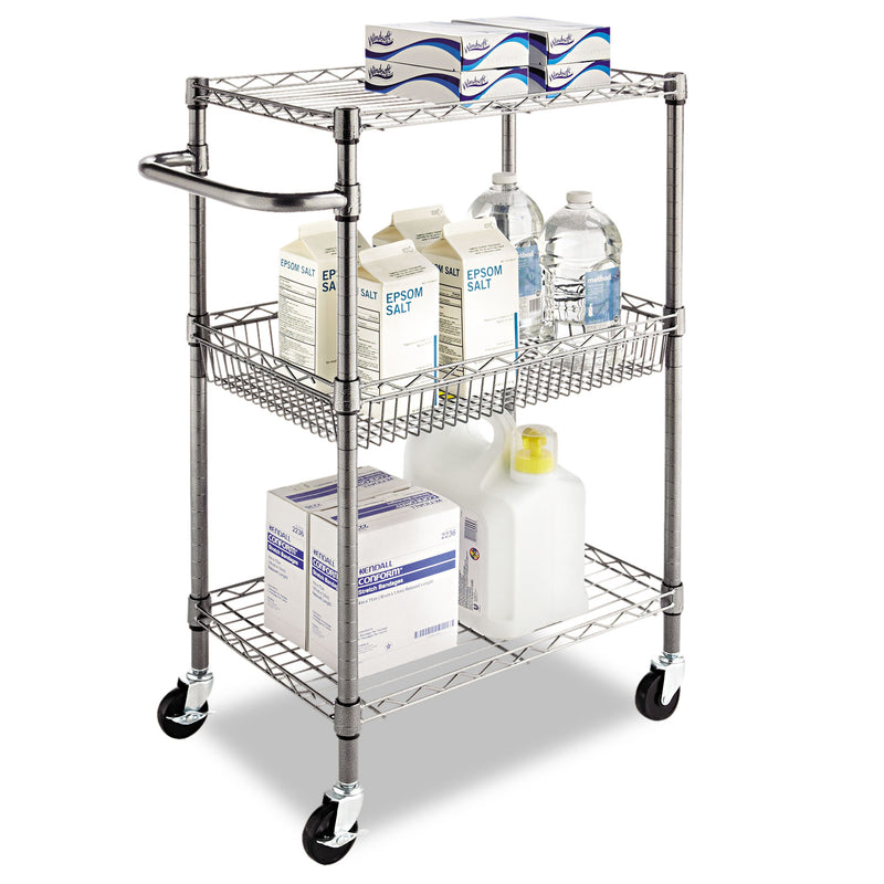 Alera Three-Tier Wire Cart with Basket, Metal, 2 Shelves, 1 Bin, 500 lb Capacity, 28" x 16" x 39", Black Anthracite