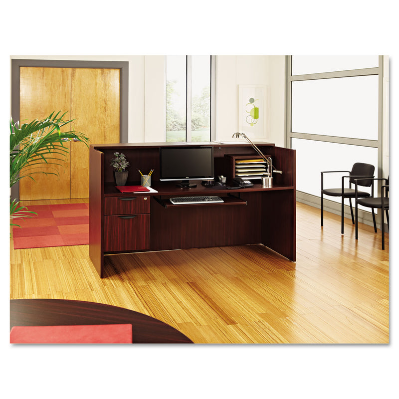 Alera Valencia Series Reception Desk with Transaction Counter, 71" x 35.5" x 29.5" to 42.5", Mahogany