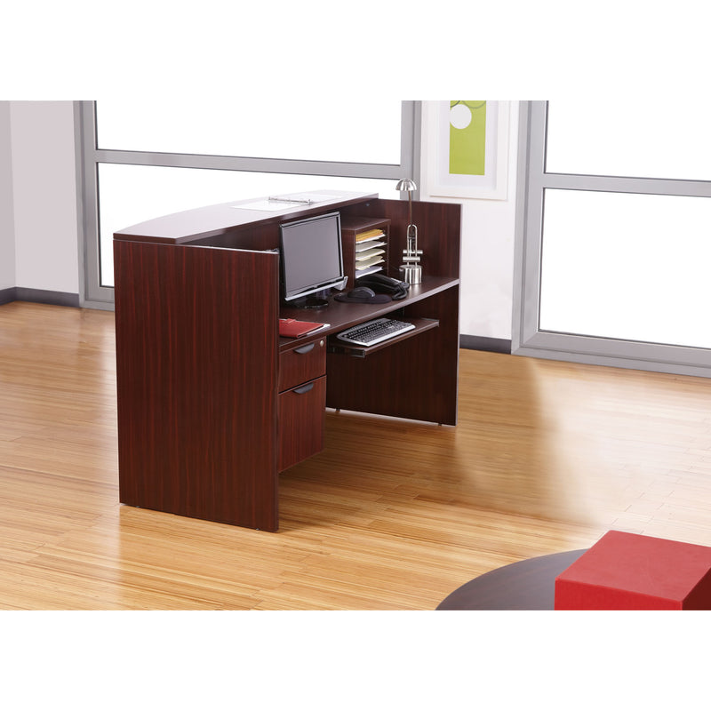 Alera Valencia Series Reception Desk with Transaction Counter, 71" x 35.5" x 29.5" to 42.5", Mahogany