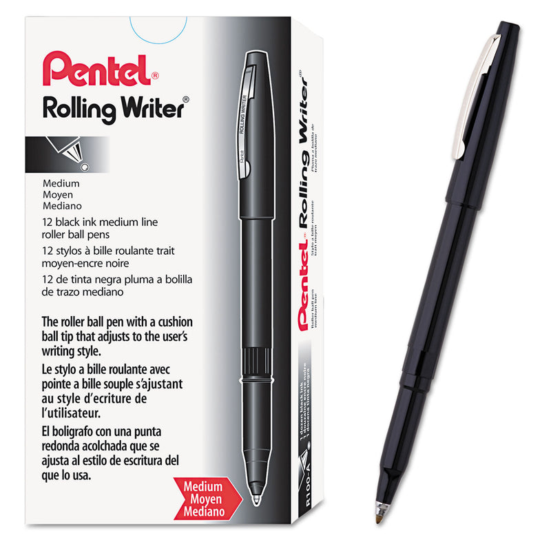 Pentel Rolling Writer Roller Ball Pen, Stick, Medium 0.8 mm, Black Ink, Black Barrel, Dozen