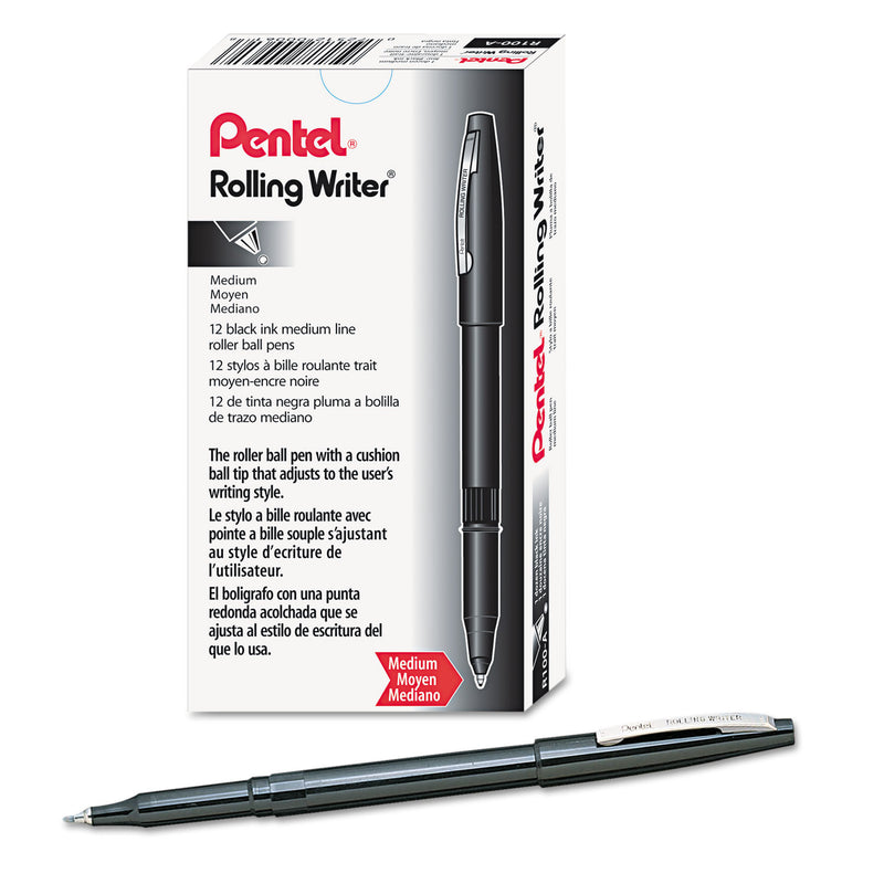 Pentel Rolling Writer Roller Ball Pen, Stick, Medium 0.8 mm, Black Ink, Black Barrel, Dozen