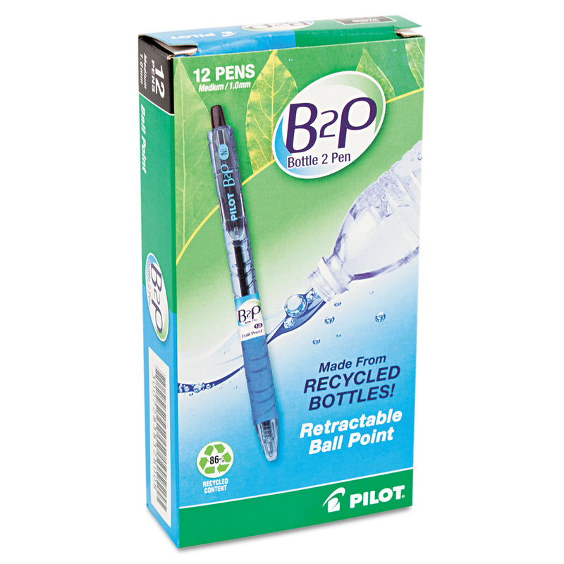 Pilot B2P Bottle-2-Pen Recycled Ballpoint Pen, Retractable, Medium 1 mm, Black Ink, Translucent Blue Barrel, Dozen