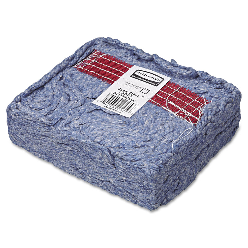 Rubbermaid Super Stitch Blend Mop Head, Large, Cotton/Synthetic, Blue, 6/Carton