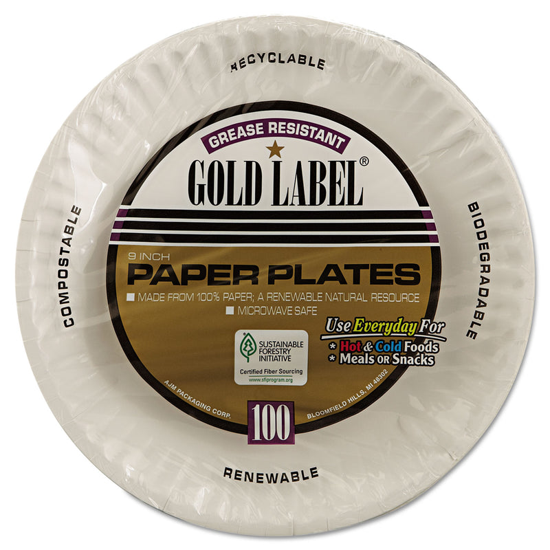 AJM Packaging Corporation Gold Label Coated Paper Plates, 9" dia, White, 100/Pack, 10 Packs/Carton