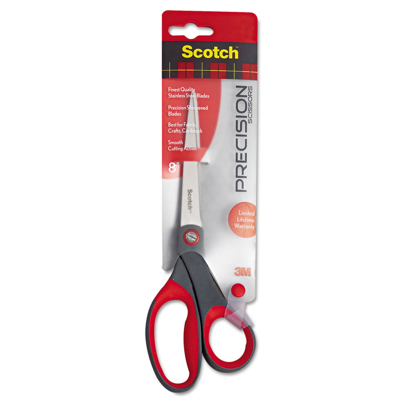 Scotch Precision Scissors, 8" Long, 3.13" Cut Length, Gray/Red Straight Handle