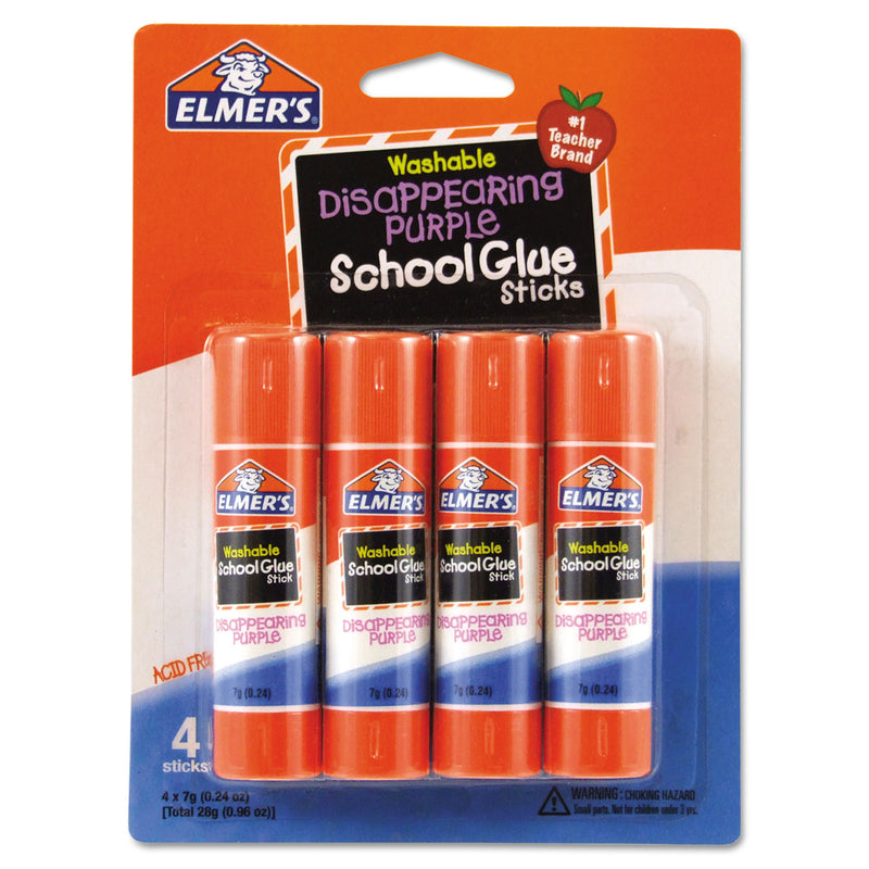 Elmer's Washable School Glue Sticks, 0.24 oz, Applies Purple, Dries Clear, 4/Pack