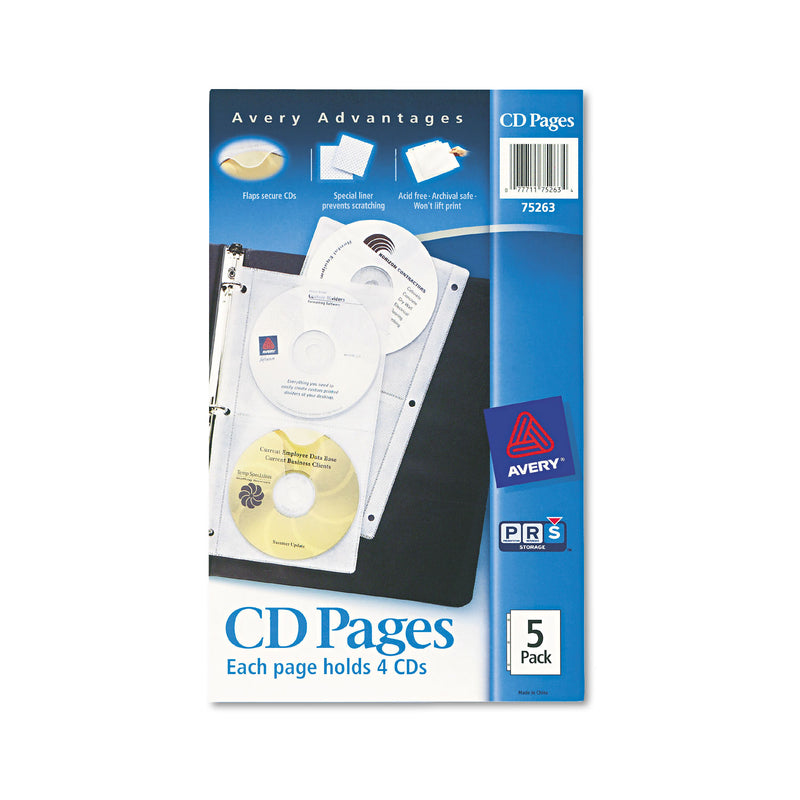 Avery Two-Sided CD Organizer Sheets for Three-Ring Binder, 4 Disc Capacity, Clear, 5/Pack