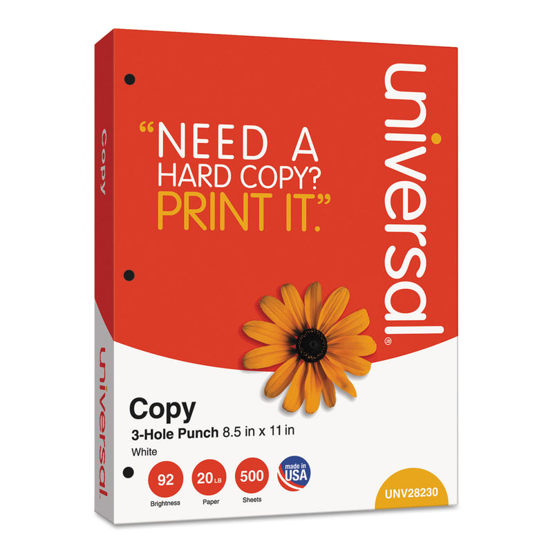 Universal Copy Paper, 92 Bright, 3-Hole, 20 lb Bond Weight, 8.5 x 11, White, 500 Sheets/Ream, 10 Reams/Carton