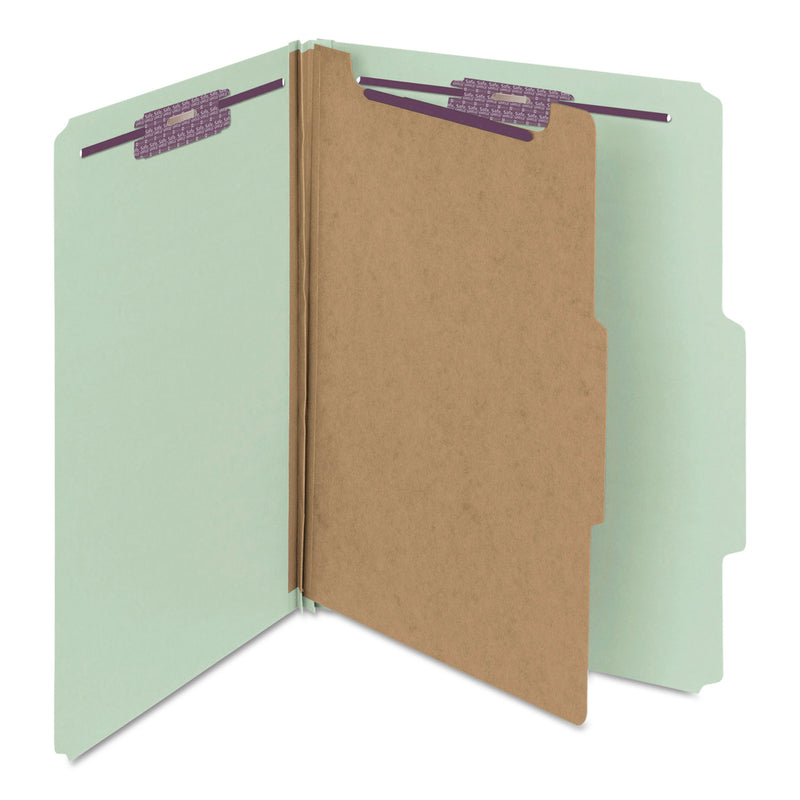 Smead Pressboard Classification Folders with SafeSHIELD Coated Fasteners, 2/5 Cut, 1 Divider, Letter Size, Gray-Green, 10/Box