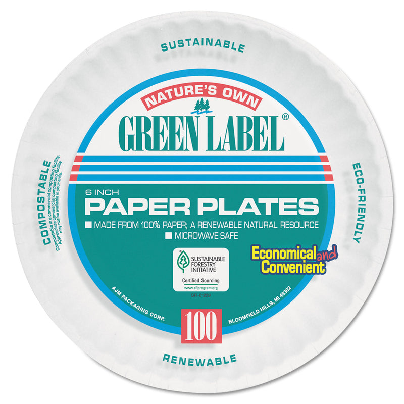 AJM Packaging Corporation Paper Plates, 6" dia, White, 100 Bulk Pack, 10 Packs/Carton