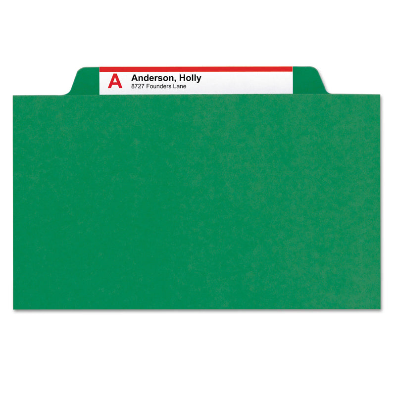 Smead Four-Section Pressboard Top Tab Classification Folders with SafeSHIELD Fasteners, 1 Divider, Legal Size, Green, 10/Box