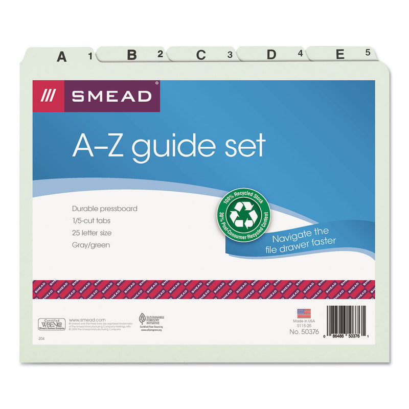 Smead Alphabetic Top Tab Indexed File Guide Set, 1/5-Cut Top Tab, A to Z, 8.5 x 11, Green, 25/Set