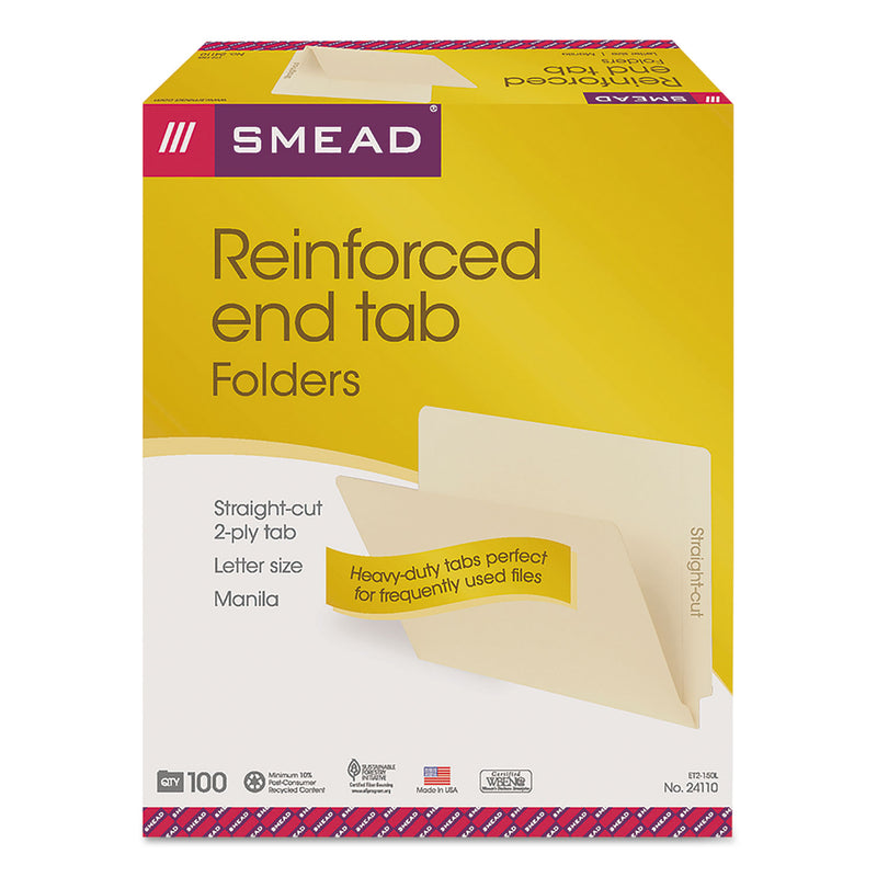 Smead Heavyweight Manila End Tab Folders, 9.5" High Front, Straight Tabs, Letter Size, 0.75" Expansion, Manila, 100/Box