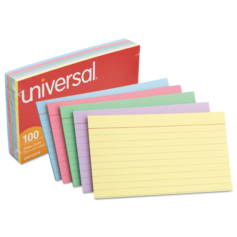 Universal Index Cards, Ruled, 3 x 5, Assorted, 100/Pack