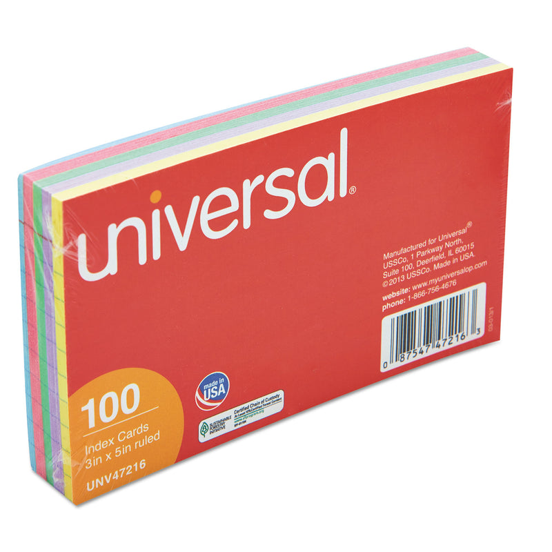 Universal Index Cards, Ruled, 3 x 5, Assorted, 100/Pack