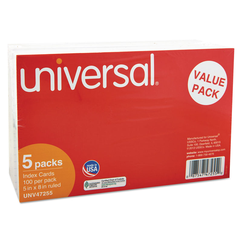 Universal Ruled Index Cards, 5 x 8, White, 500/Pack