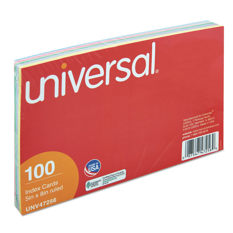 Universal Index Cards, Ruled, 5 x 8, Assorted, 100/Pack