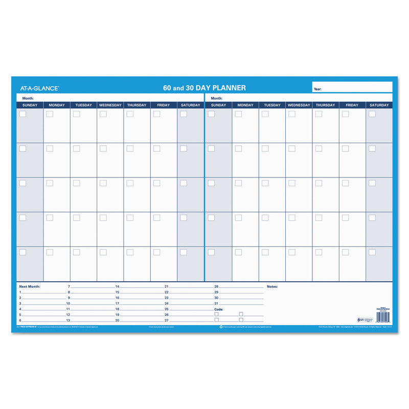 AT-A-GLANCE 30/60-Day Undated Horizontal Erasable Wall Planner, 36 x 24, White/Blue Sheets, Undated