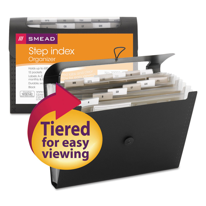 Smead Step Index Organizer, 12 Sections, Cord/Hook Closure, 1/6-Cut Tabs, Letter Size, Black