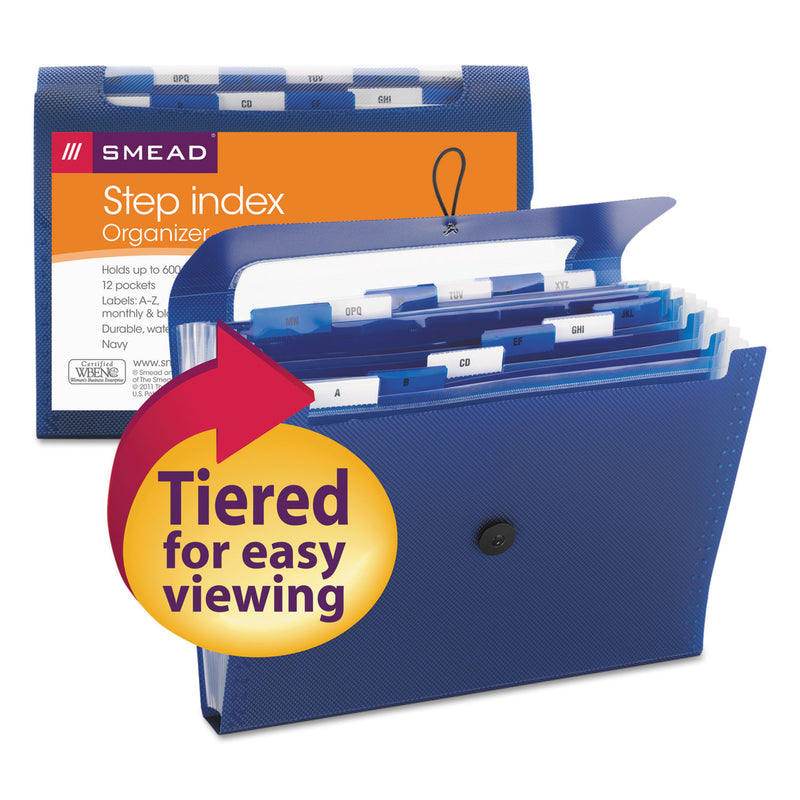 Smead Step Index Organizer, 12 Sections, Cord/Hook Closure, 1/6-Cut Tabs, Letter Size, Navy