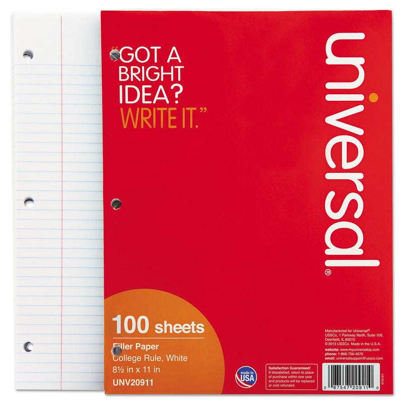 Universal Filler Paper, 3-Hole, 8.5 x 11, Medium/College Rule, 100/Pack