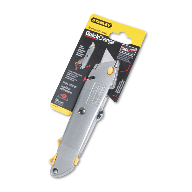 Stanley Quick-Change Utility Knife with Retractable Blade and Twine Cutter, 6" Metal Handle, Gray, 6/Box