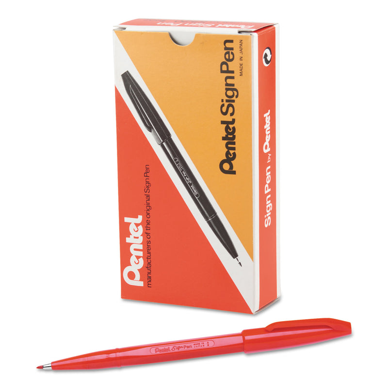 Pentel Arts Sign Pen Fine Point Color Marker, Extra-Fine Bullet Tip, Red, Dozen