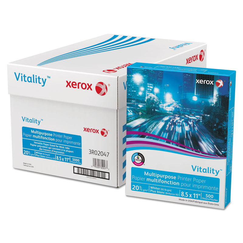 xerox Vitality Multipurpose Print Paper, 92 Bright, 20 lb Bond Weight, 8.5 x 11, White, 500/Ream, 10 Reams/Ct, 40 Cartons/Pallet