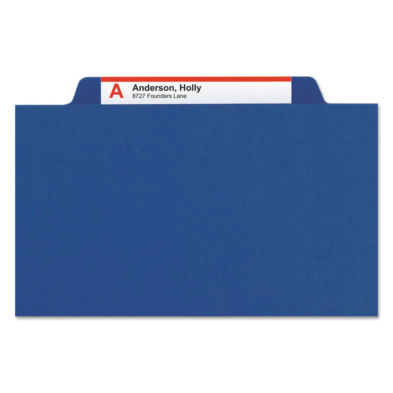 Smead Four-Section Pressboard Top Tab Classification Folders with SafeSHIELD Fasteners, 1 Divider, Legal Size, Dark Blue, 10/Box