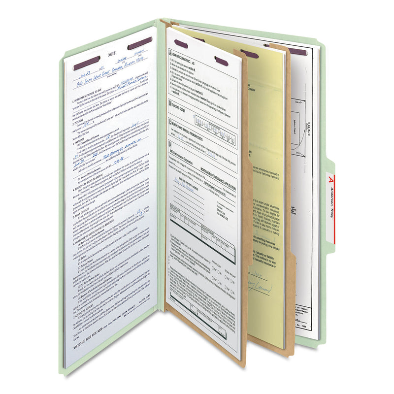 Smead Pressboard Classification Folders with SafeSHIELD Coated Fasteners, 2/5 Cut, 2 Dividers, Legal Size, Gray-Green, 10/Box