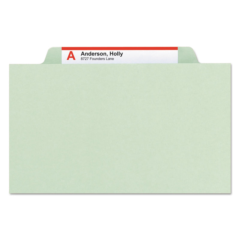 Smead Pressboard Classification Folders with SafeSHIELD Coated Fasteners, 2/5 Cut, 2 Dividers, Legal Size, Gray-Green, 10/Box