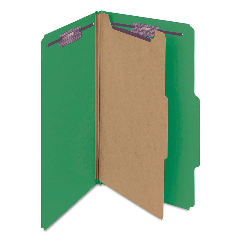 Smead Four-Section Pressboard Top Tab Classification Folders with SafeSHIELD Fasteners, 1 Divider, Legal Size, Green, 10/Box