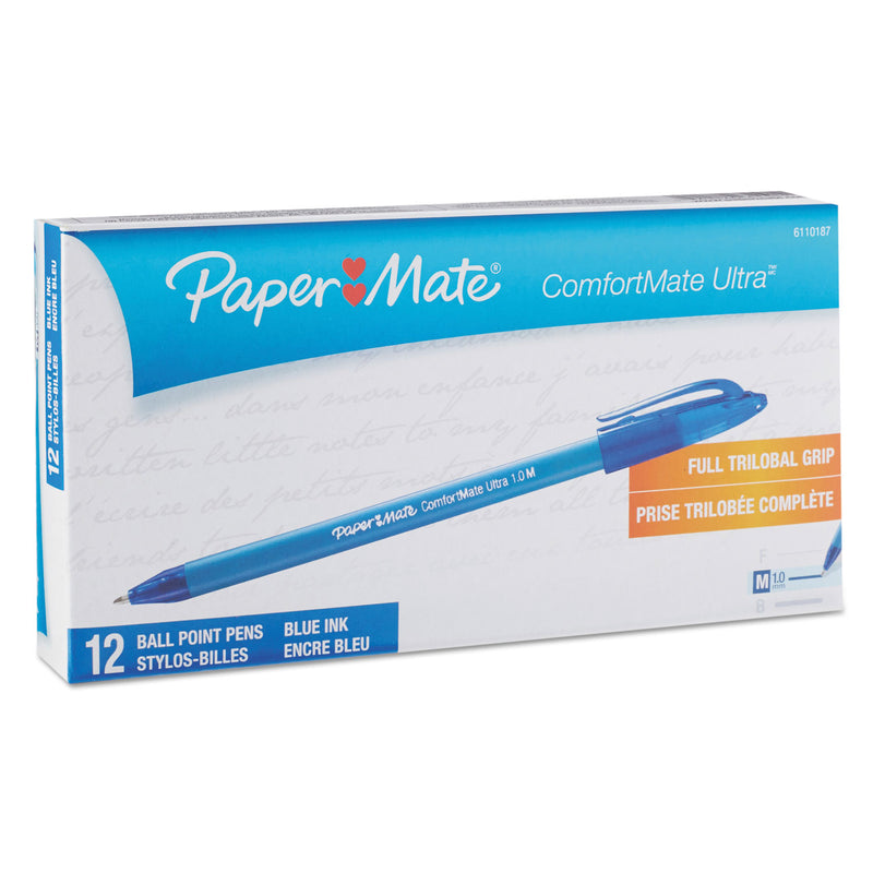 Paper Mate ComfortMate Ultra Ballpoint Pen, Stick, Medium 1 mm, Blue Ink, Blue Barrel, Dozen