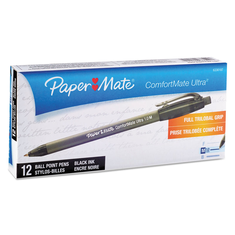 Paper Mate ComfortMate Ultra Ballpoint Pen, Retractable, Medium 1 mm, Black Ink, Black Barrel, Dozen