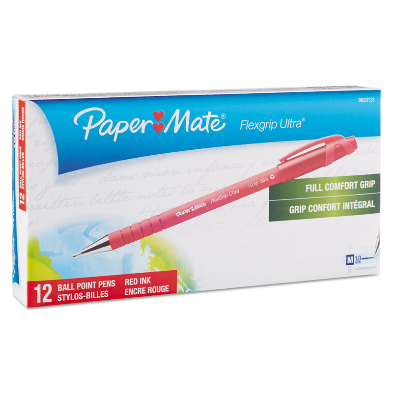 Paper Mate FlexGrip Ultra Ballpoint Pen, Stick, Medium 1 mm, Red Ink, Red Barrel, Dozen