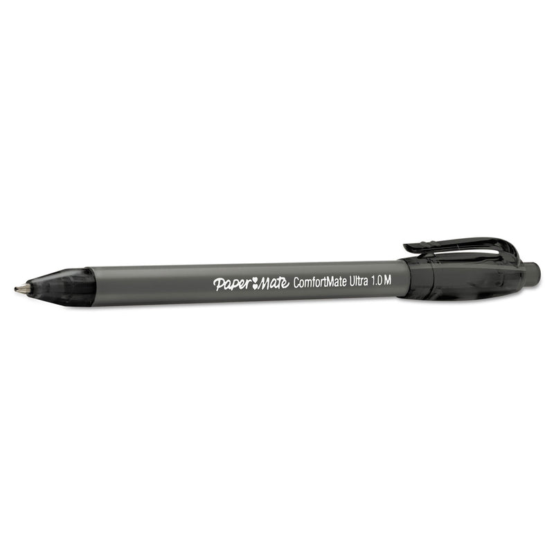 Paper Mate ComfortMate Ultra Ballpoint Pen, Retractable, Medium 1 mm, Black Ink, Black Barrel, Dozen