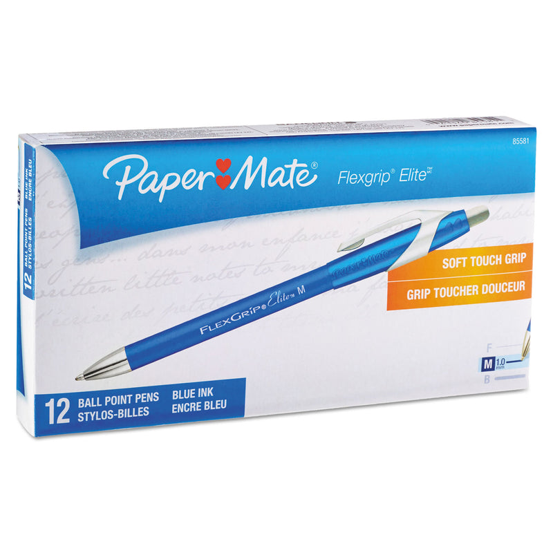 Paper Mate FlexGrip Elite Ballpoint Pen, Retractable, Medium 1 mm, Blue Ink, Blue Barrel, Dozen