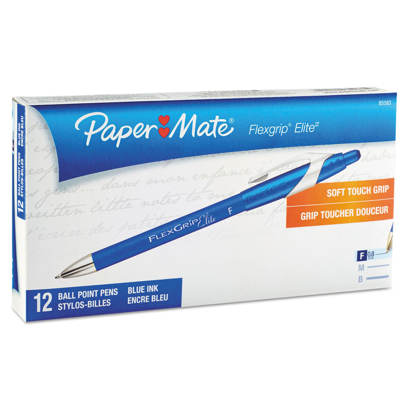 Paper Mate FlexGrip Elite Ballpoint Pen, Retractable, Fine 0.8 mm, Blue Ink, Blue Barrel, Dozen