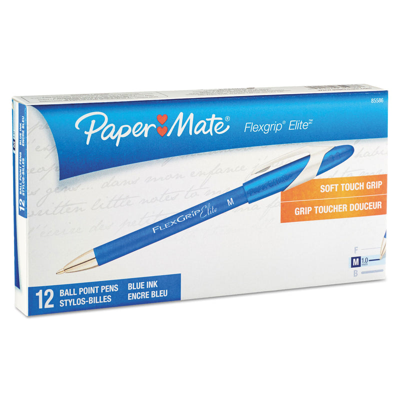 Paper Mate FlexGrip Elite Ballpoint Pen, Stick, Medium 1 mm, Blue Ink, Blue Barrel, Dozen