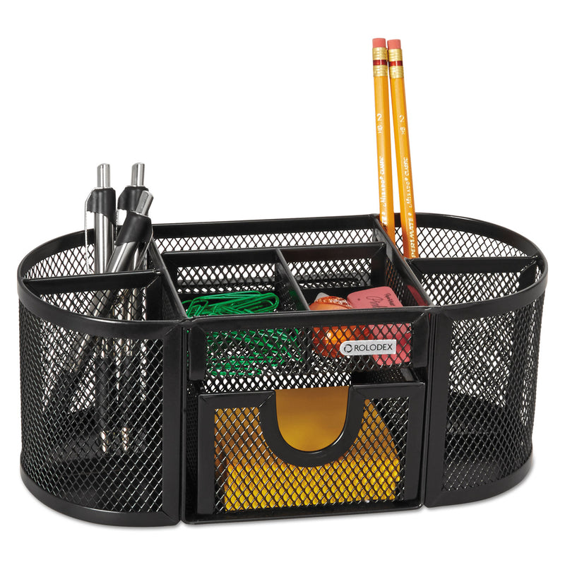 Rolodex Mesh Oval Pencil Cup Organizer, 4 Compartments, Steel, 9.38 x 4.5 x 4, Black