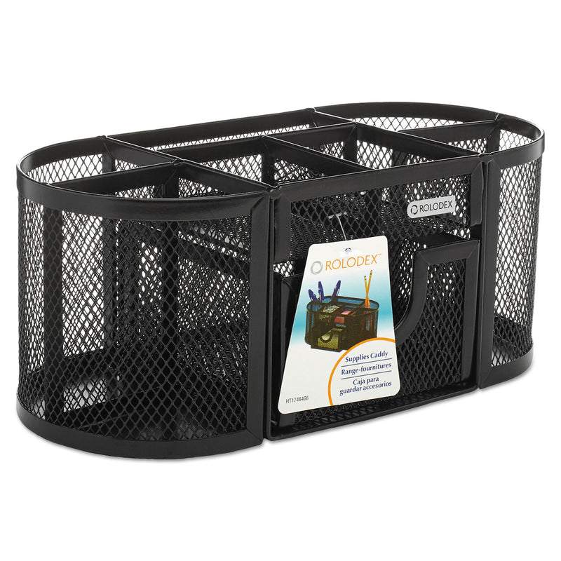 Rolodex Mesh Oval Pencil Cup Organizer, 4 Compartments, Steel, 9.38 x 4.5 x 4, Black