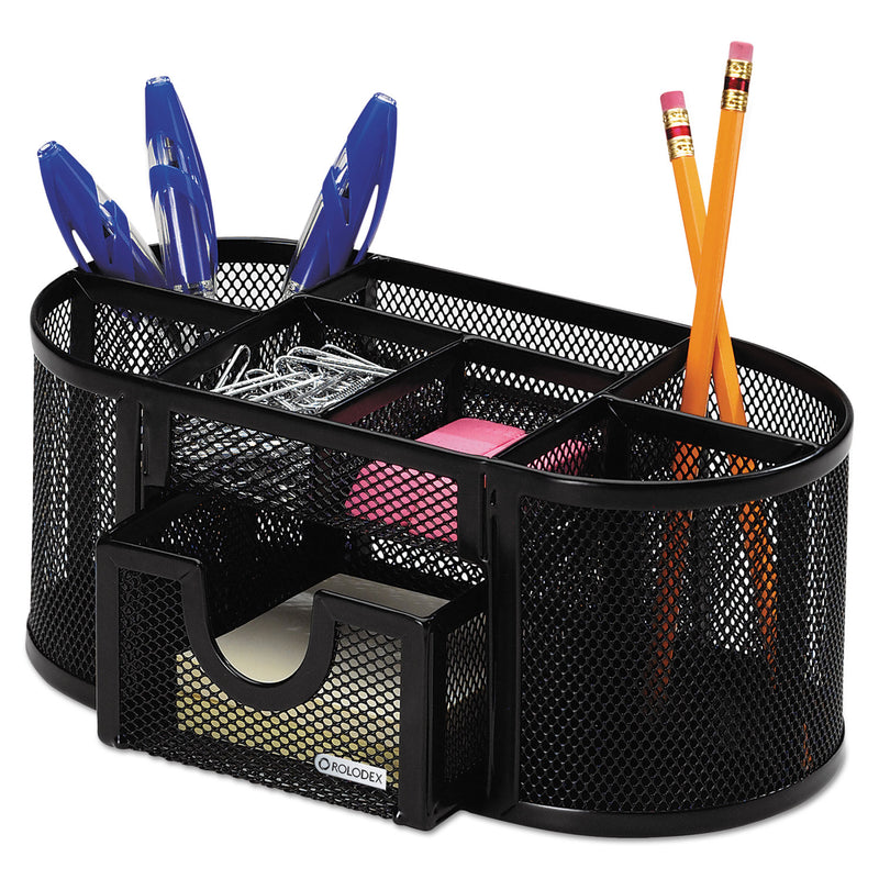 Rolodex Mesh Oval Pencil Cup Organizer, 4 Compartments, Steel, 9.38 x 4.5 x 4, Black